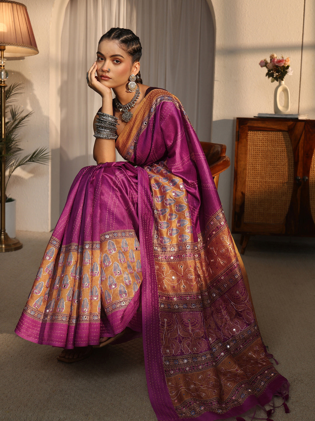 Libas Purple Printed Silk Blend Tassel Saree with Mirror Work
