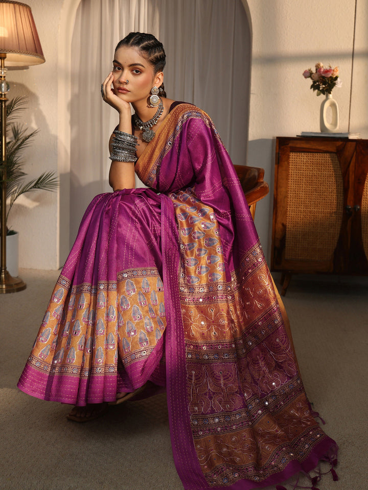 Libas Purple Printed Silk Blend Tassel Saree with Mirror Work