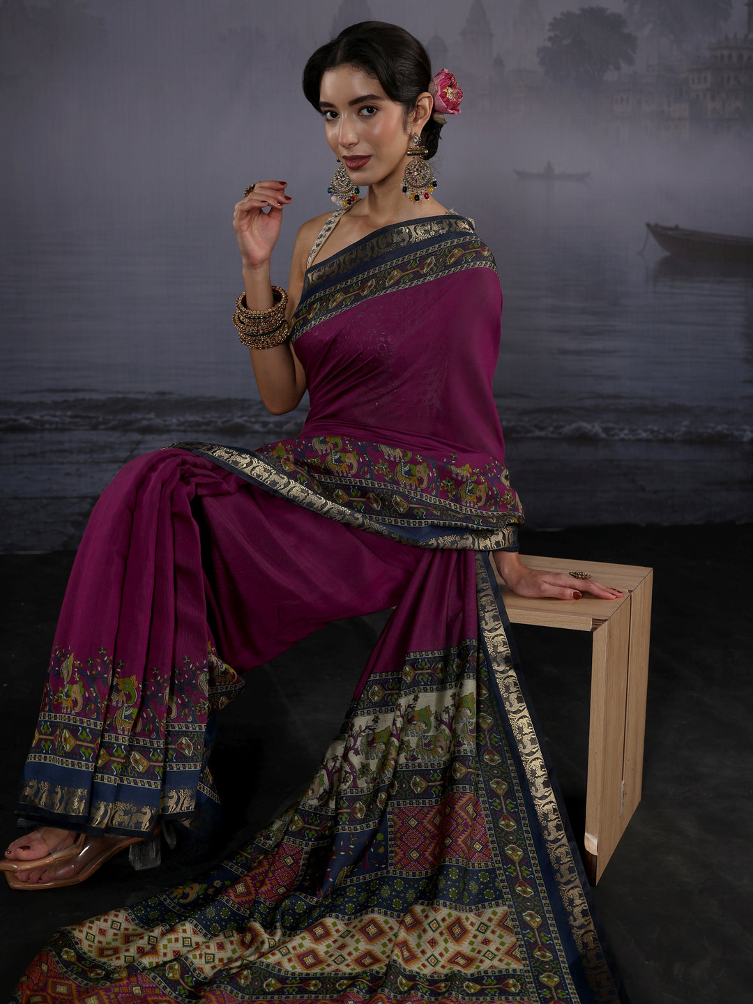 Libas Purple Silk Blend Saree with Multi Printed Border