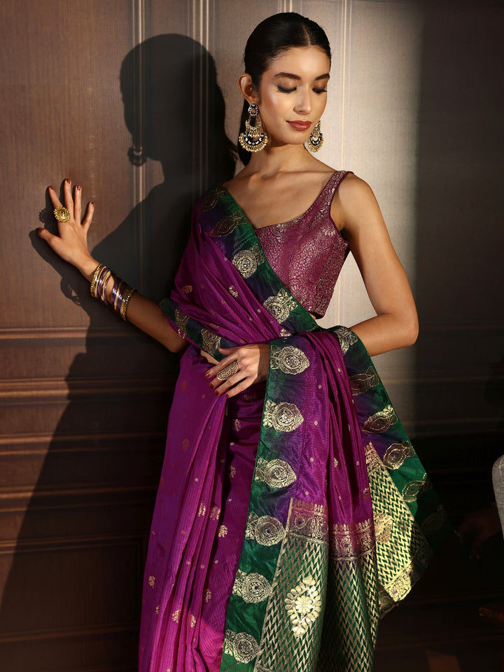 Libas Purple Silk Blend Saree with Zari Woven Floral Motif Border