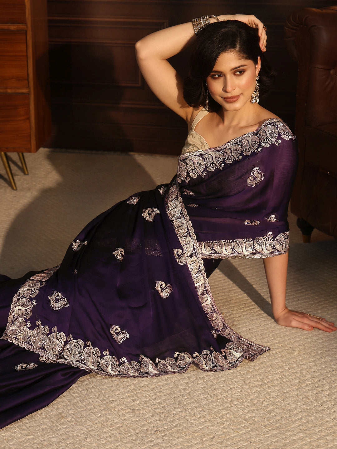 Libas Purple Stone Work Embellished Chiffon Saree