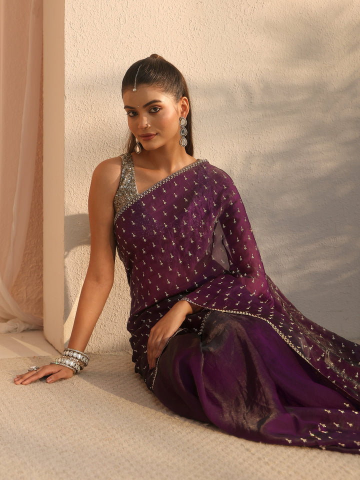 Libas Purple Stone Work Embellished Tissue Saree