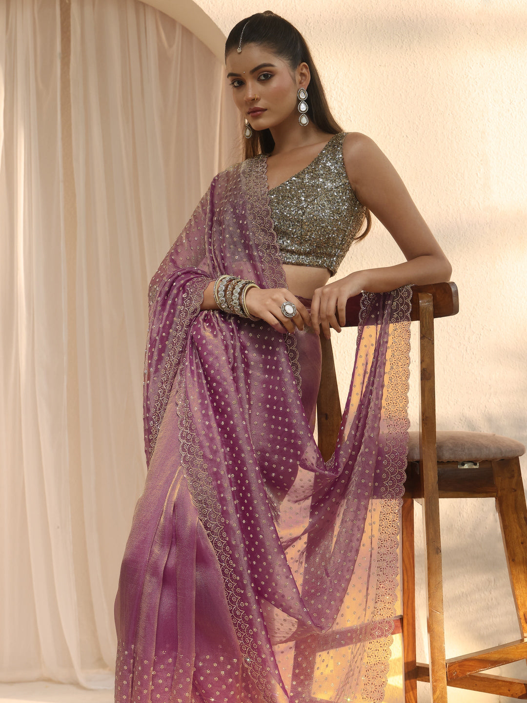 Libas Purple Stone Work Embellished Tissue Saree with Scalloped Border