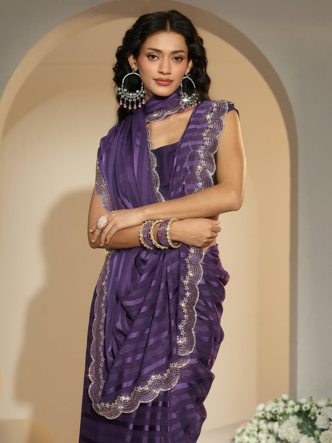 Libas Purple Striped Embellished Net Saree
