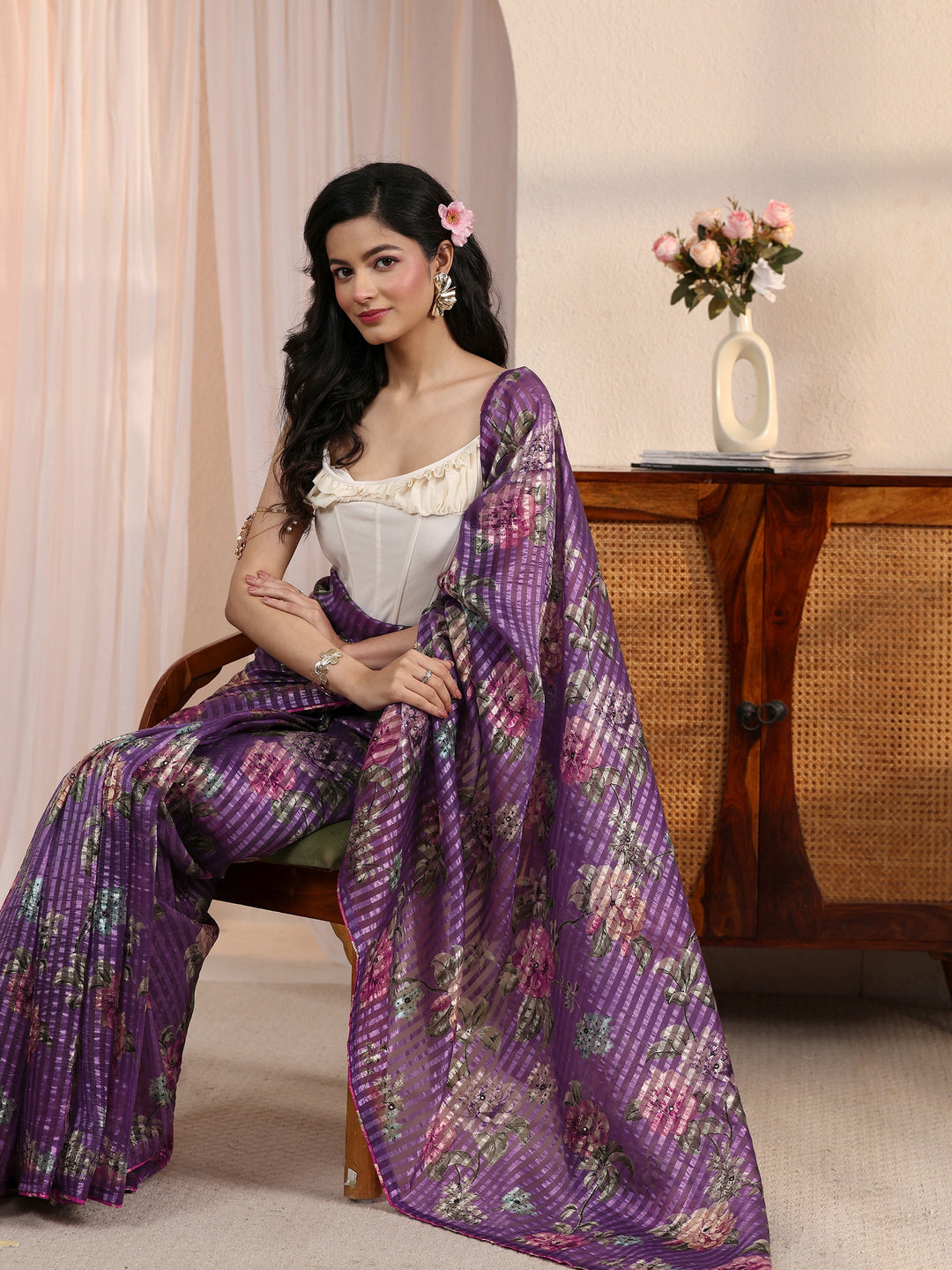 Libas Purple Striped Floral Printed Organza Saree