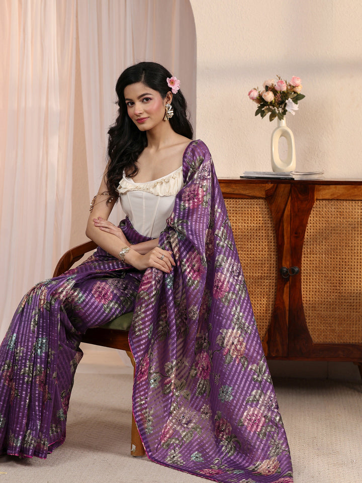 Libas Purple Striped Floral Printed Organza Saree