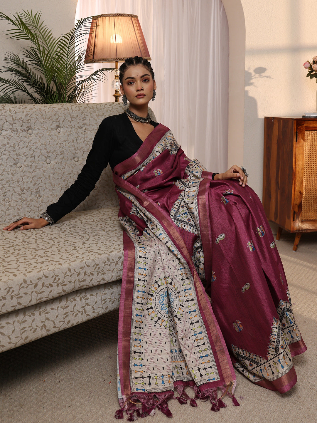 Libas Purple Warli Printed Silk Blend Tassel Saree