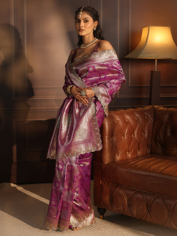 Libas Purple Woven Design Satin Saree with Scalloped Border