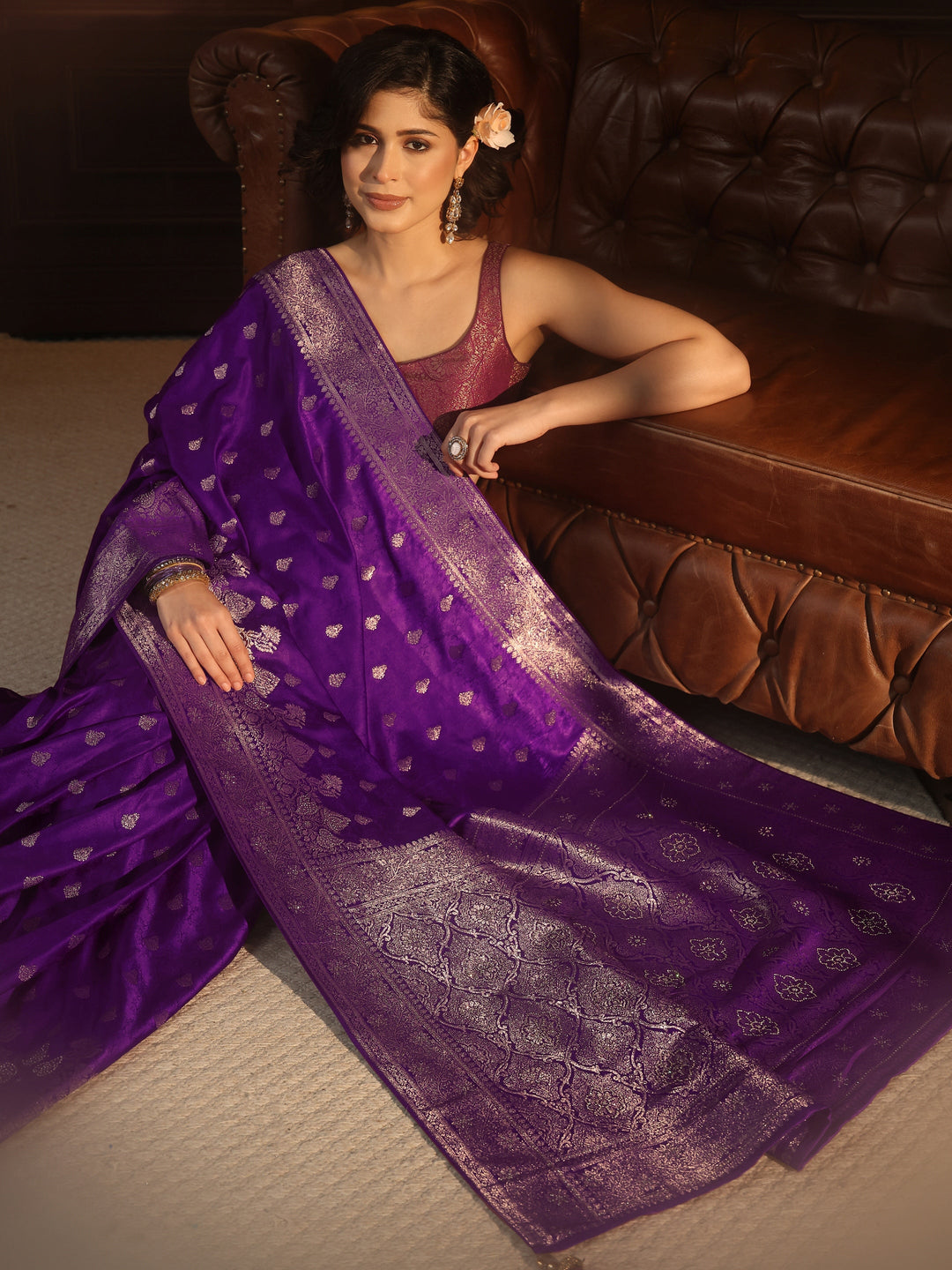 Libas Purple Woven Design Silk Blend Saree
