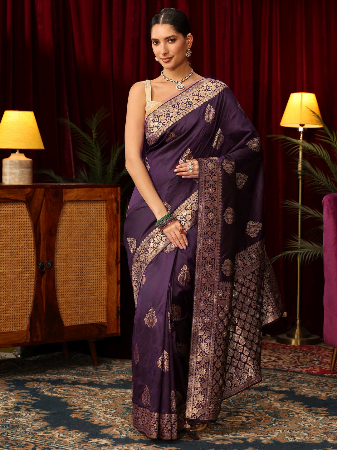 Libas Purple Woven Design Silk Blend Saree