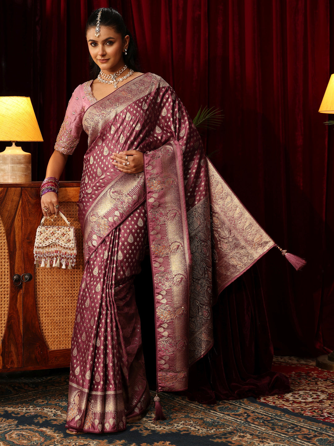 Libas Purple Woven Design Silk Blend Saree with Stone Work