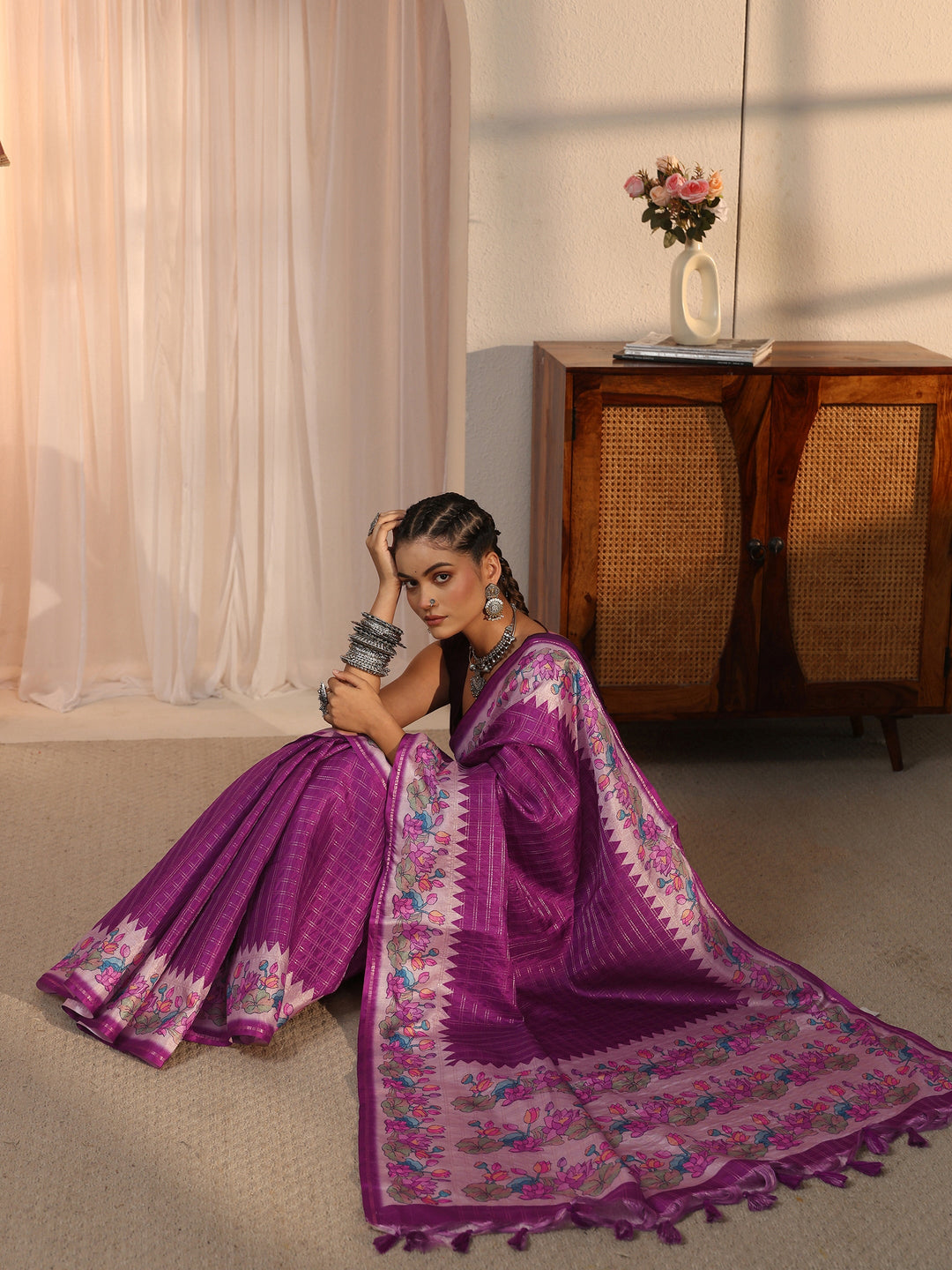Libas Purple Woven Design Silk Blend Tassel Saree with Floral Border