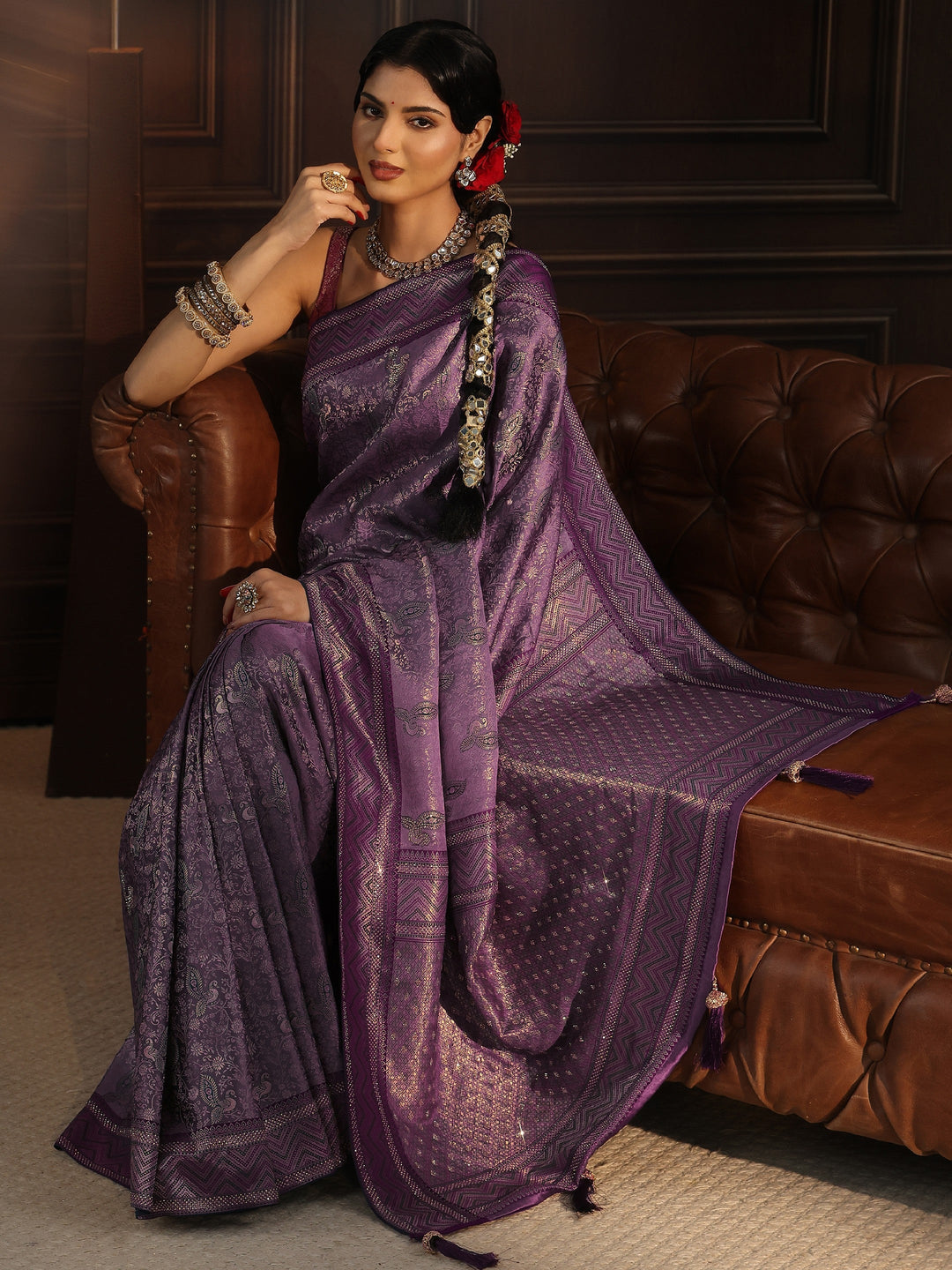 Libas Purple Woven Design Silk Blend Tassel Saree with Stone Work
