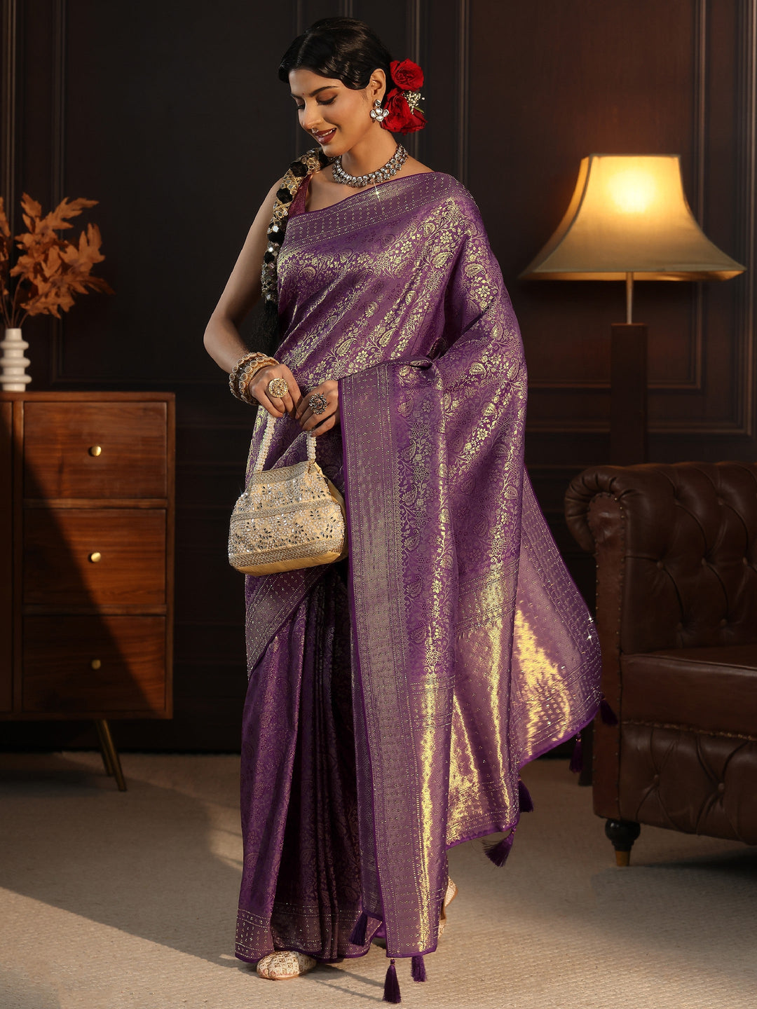 Libas Purple Woven Design Silk Blend Tassel Saree with Stone Work