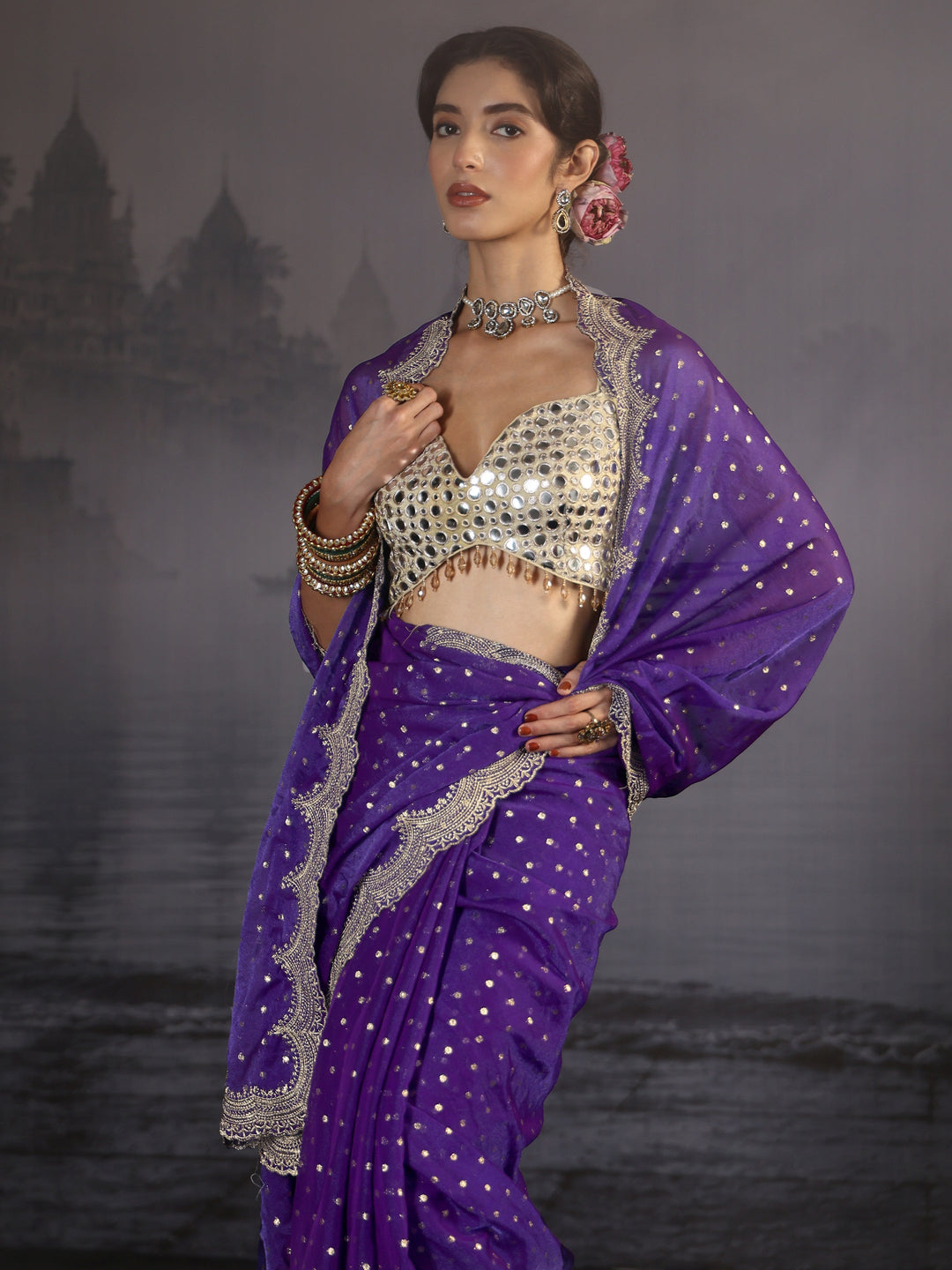 Libas Purple Woven Design Tissue Saree with Scalloped Border