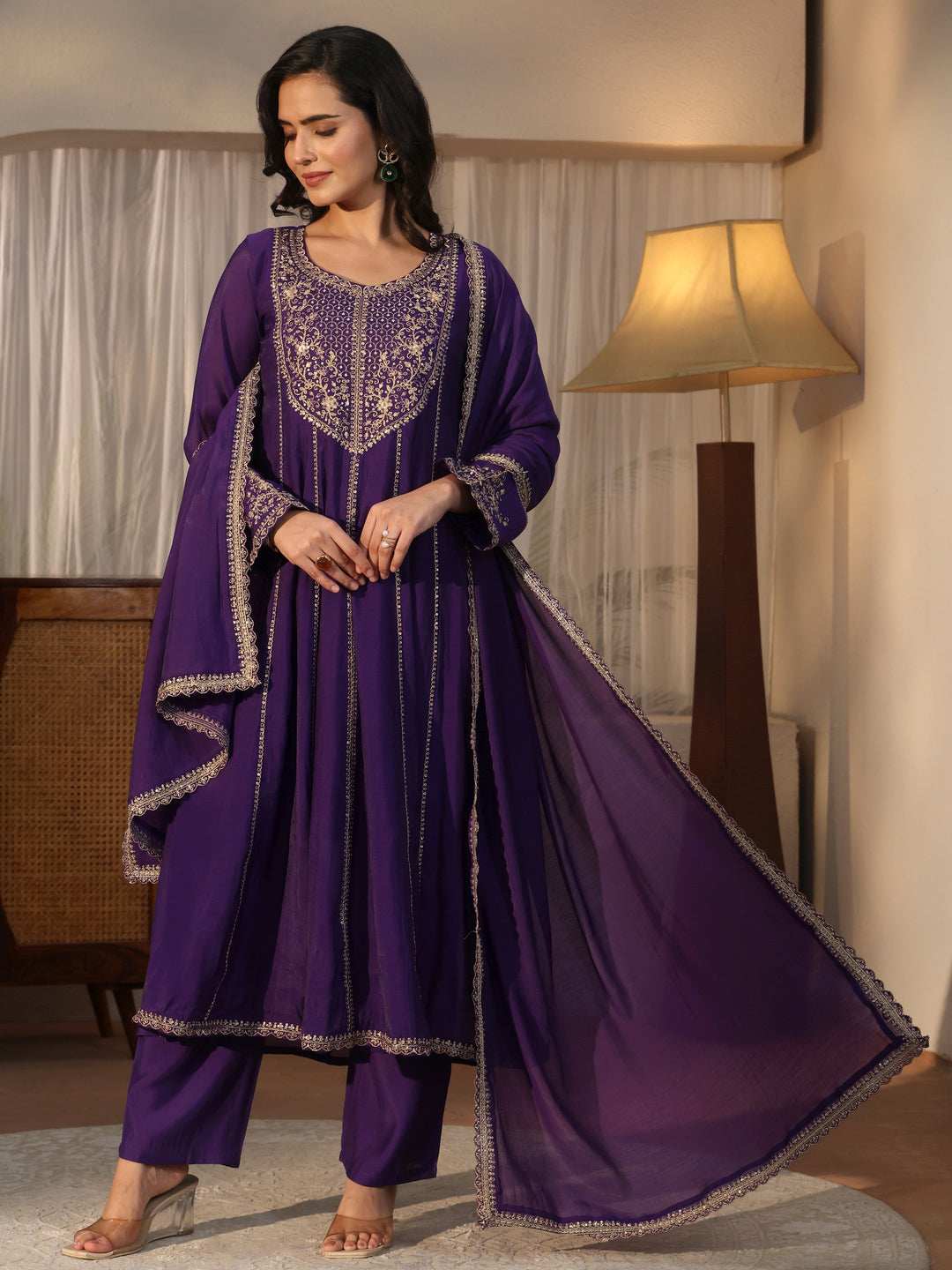 Libas Purple Yoke Design Embroidered Chanderi Silk Anarkali Suit Set