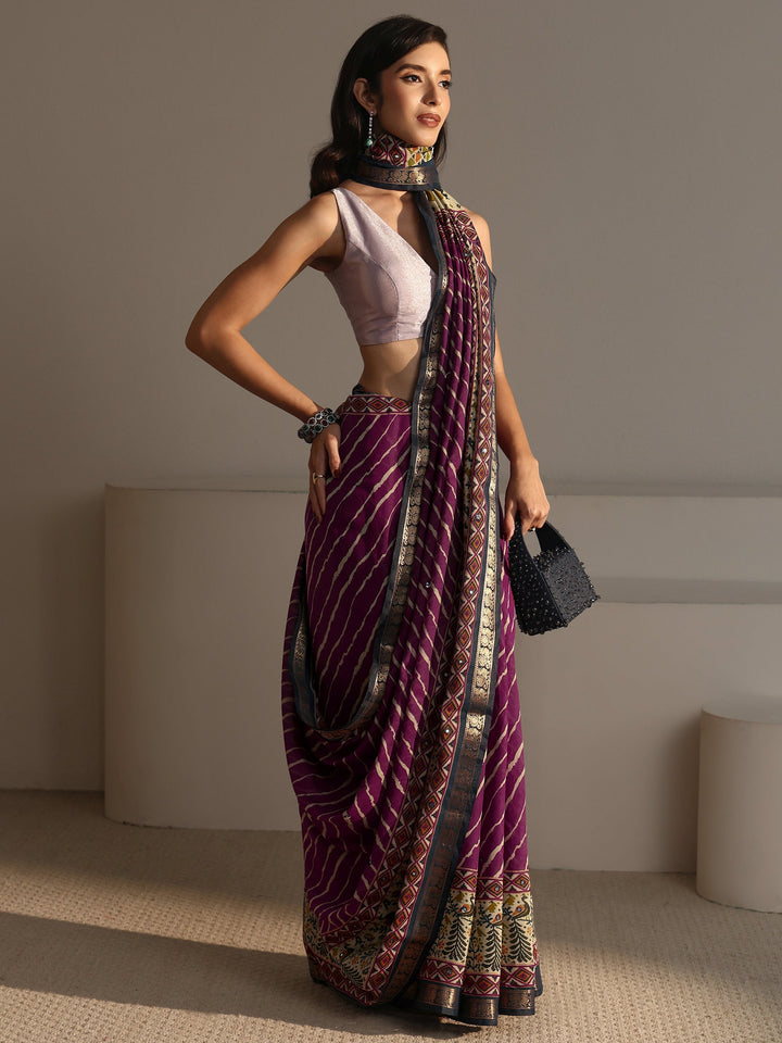 Libas Purple and Blue Leheriya Printed Silk Blend Tassel Saree