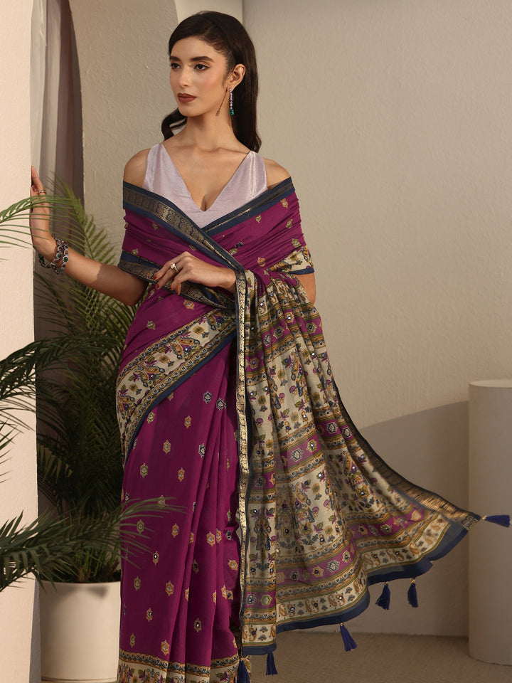 Libas Purple and Blue Printed Mirror Work Silk Blend Tassel Saree