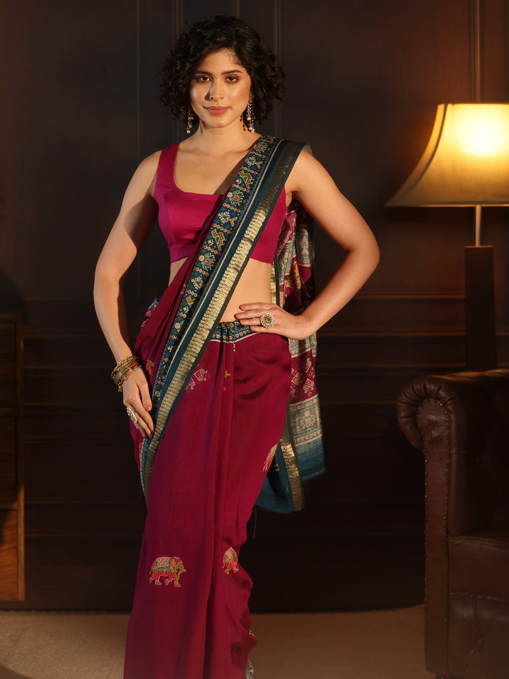 Libas Purple and Blue Printed Silk Blend Saree with Patola Pallu