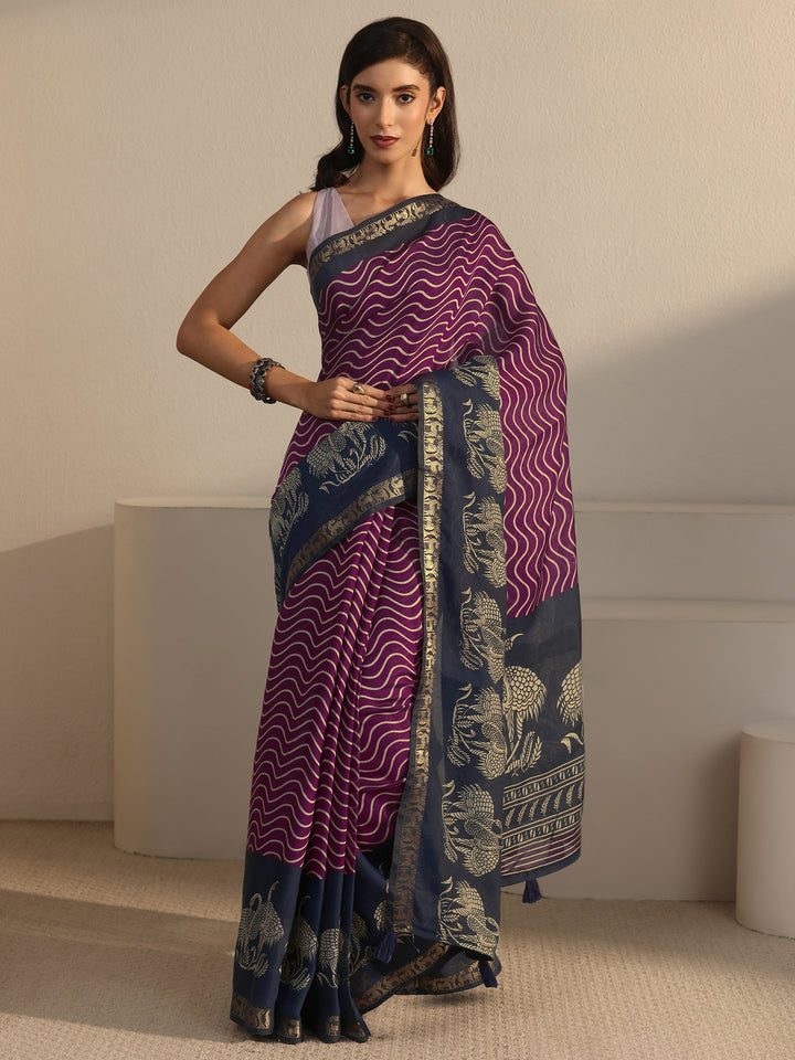 Libas Purple and Blue Wavy Stripe Printed Silk Blend Tassel Saree