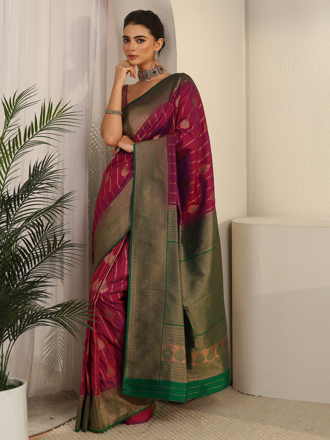 Libas Purple and Green Woven Design Silk Blend Saree