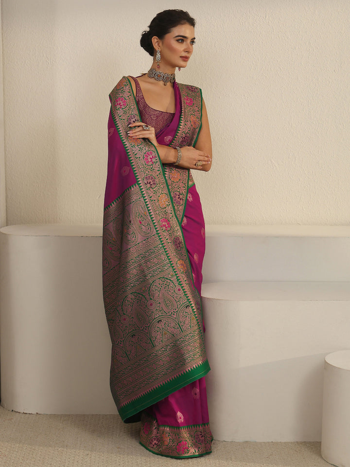 Libas Purple and Green Woven Design Silk Blend Saree