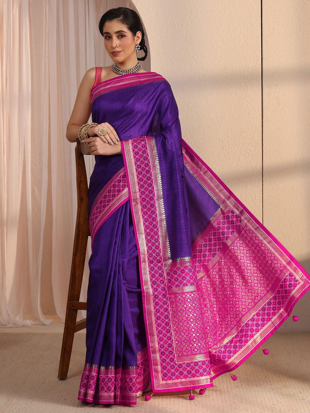 Libas Purple and Pink Silk Blend Saree with Printed Border