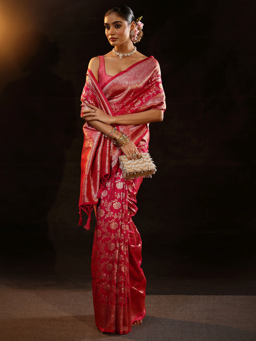 Libas Rani Pink Banarasi Silk Blend Saree