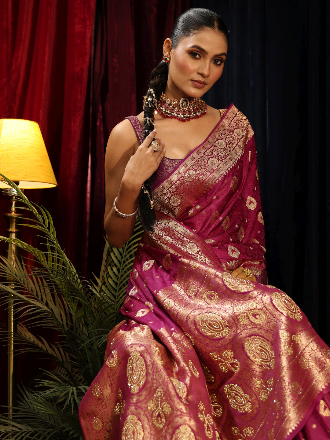 Libas Rani Pink Banarasi Silk Blend Saree with Embellished Pallu