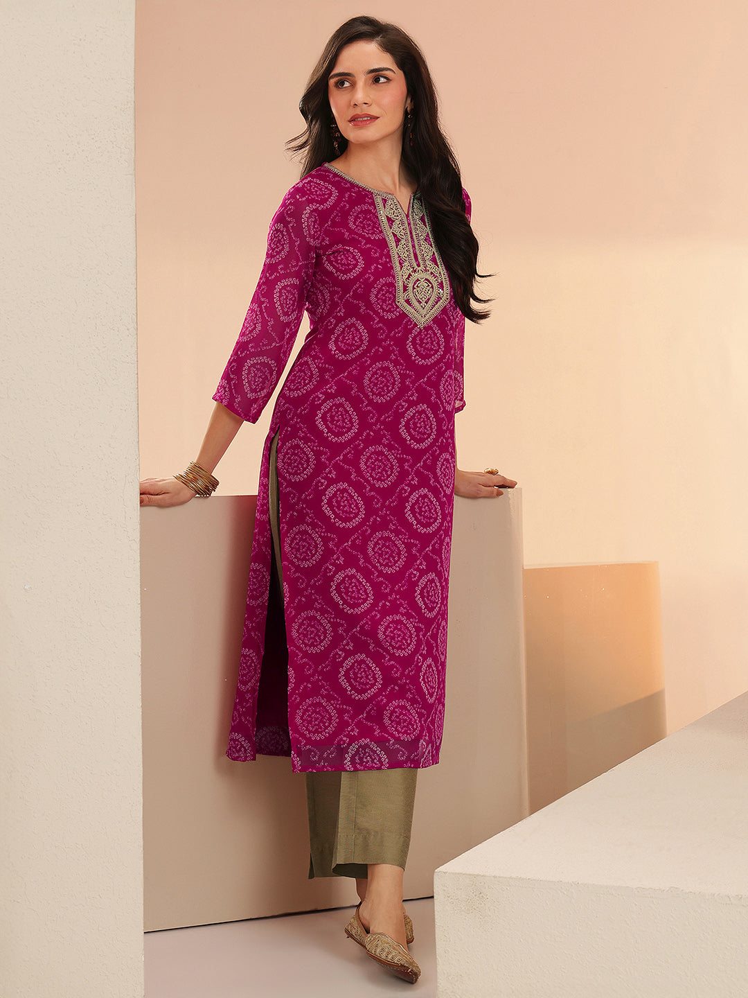 Libas Rani Pink Bandhani Printed Chiffon Straight Kurta
