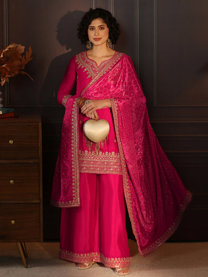 Libas Rani Pink Embellished Chinon Palazzo Suit Set