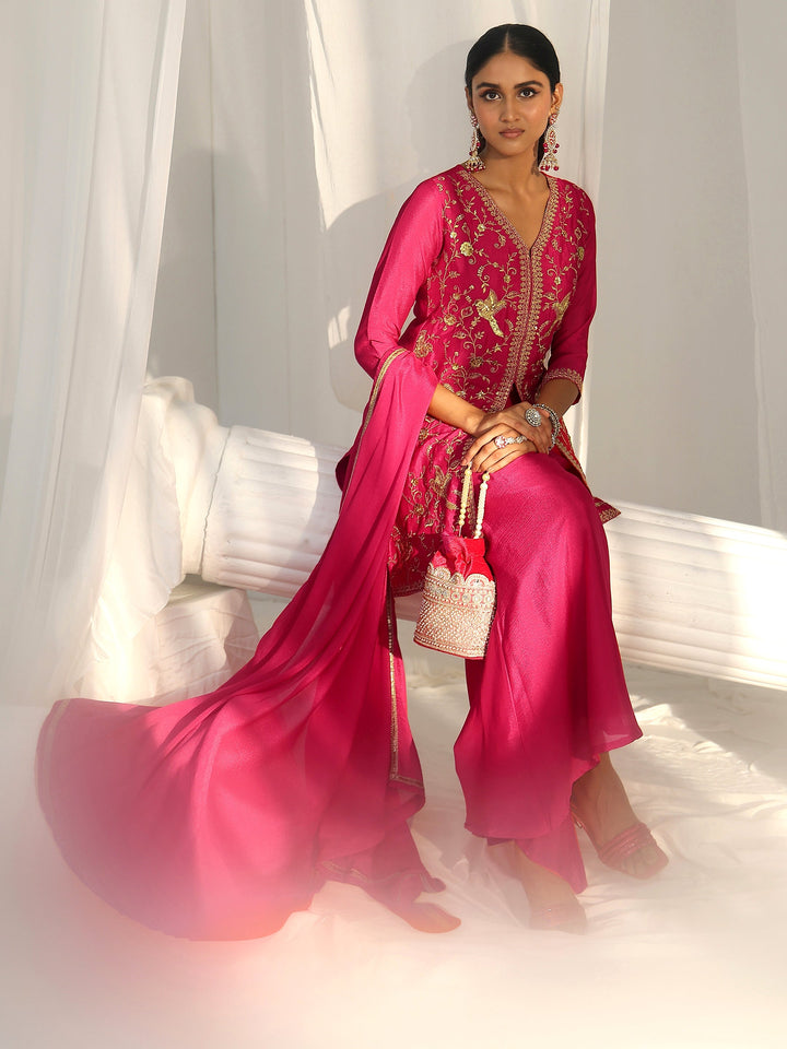 Libas Rani Pink Embroidered Front Slit Chinon Palazzo Suit Set