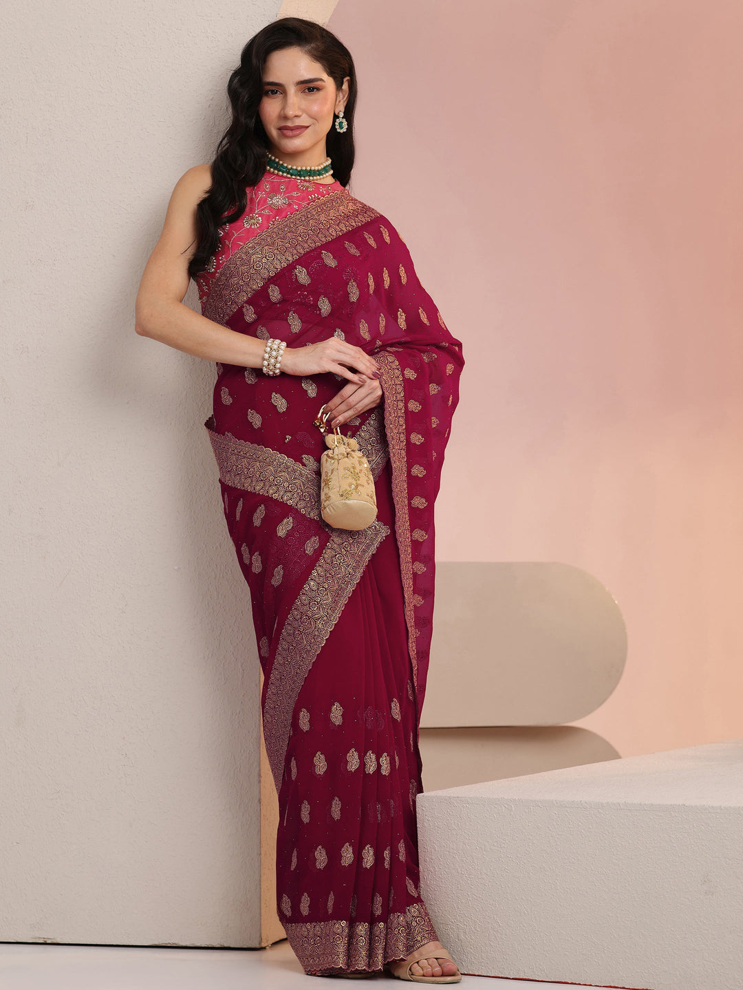 Libas Rani Pink Embroidered Georgette Saree