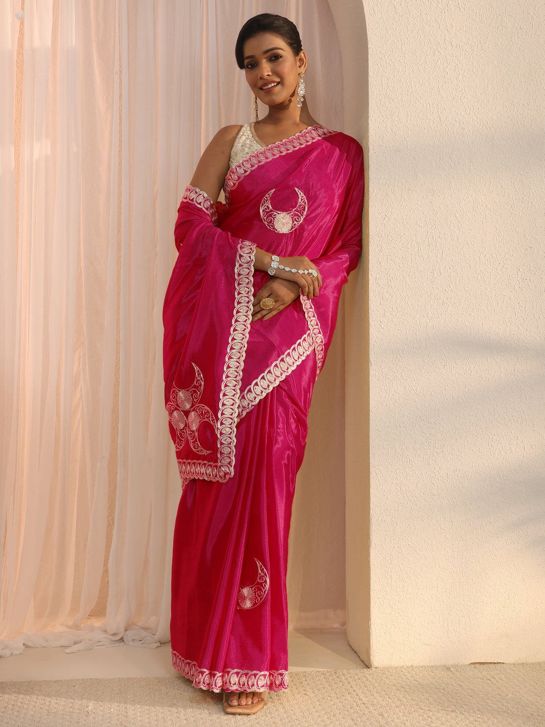 Libas Rani Pink Ethnic Embroidered Satin Saree