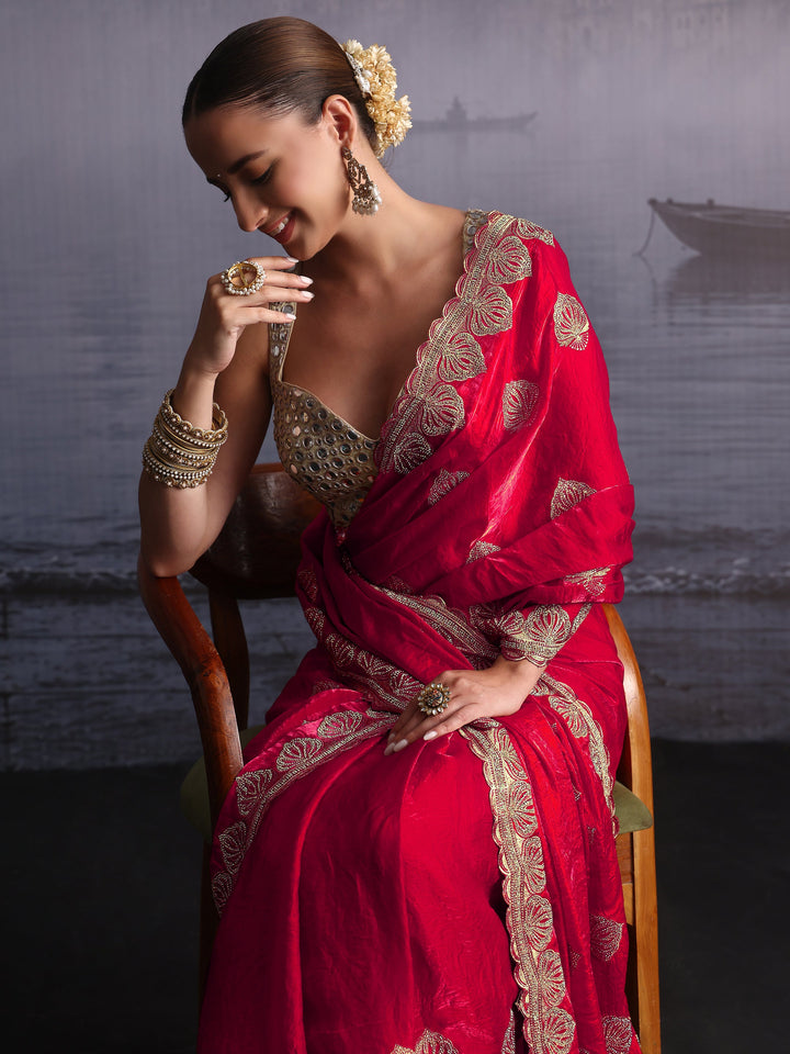 Libas Rani Pink Ethnic Embroidered Stone Work Tissue Saree