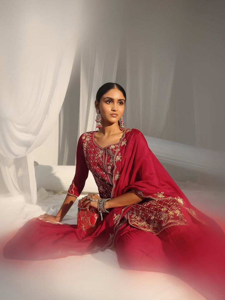 Libas Rani Pink Floral Embroidered Chanderi Cotton Sharara Suit Set