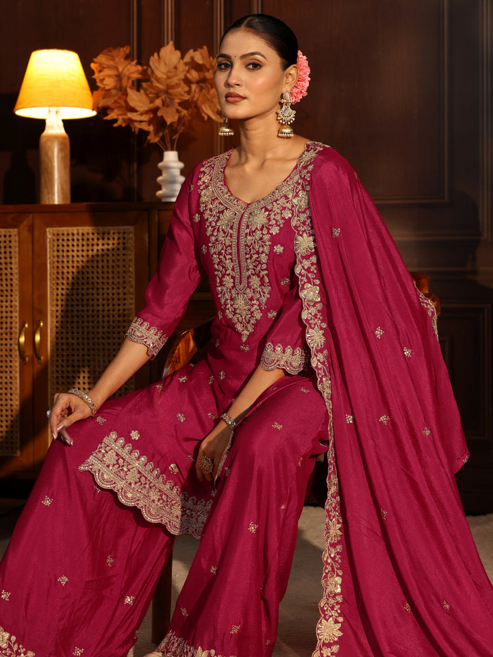 Libas Rani Pink Floral Embroidered Chinon Palazzo Suit Set