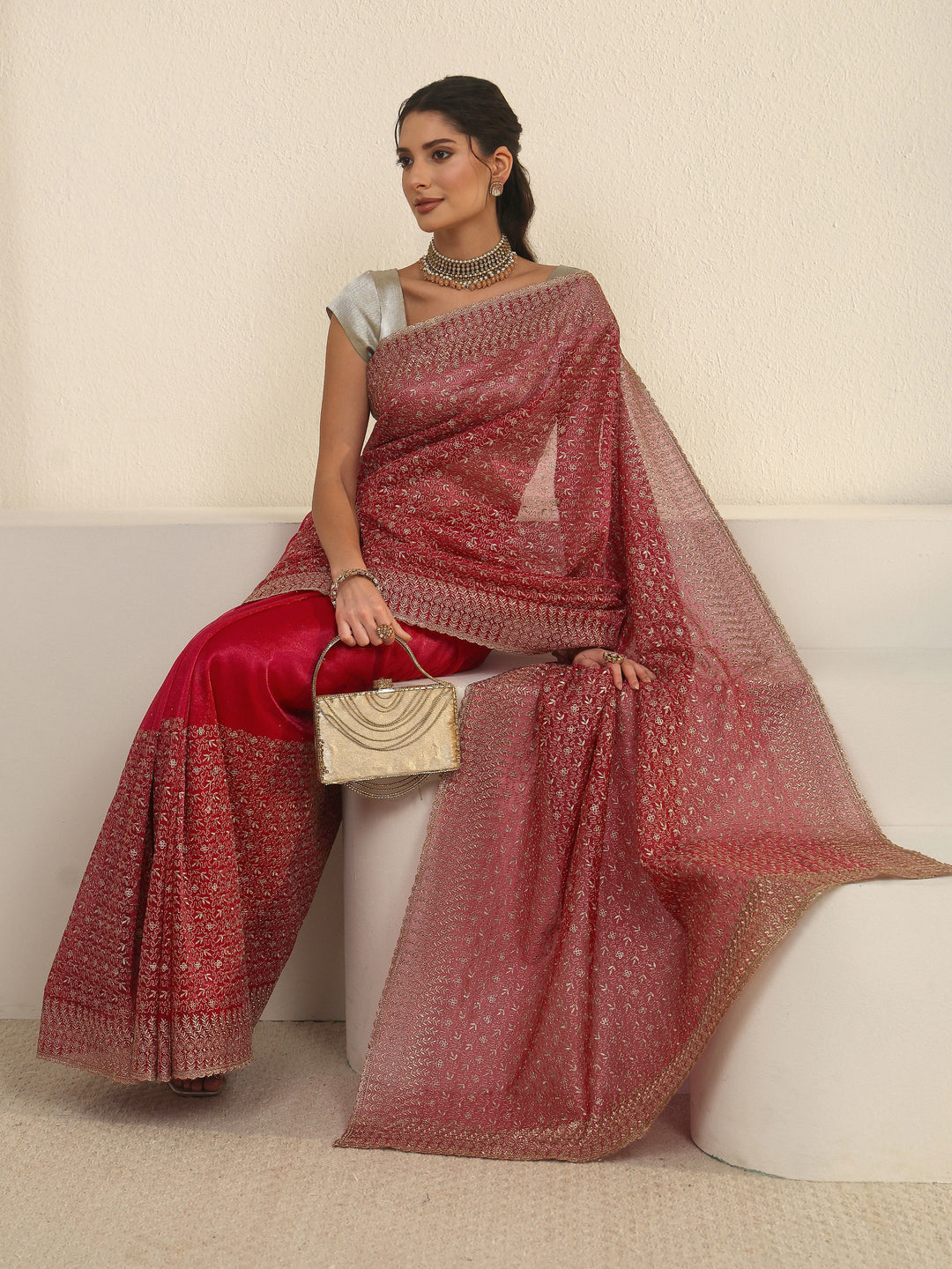 Libas Rani Pink Floral Embroidered Net Saree