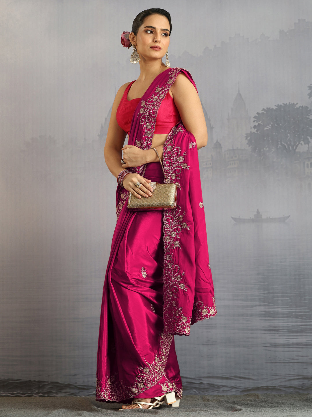 Libas Rani Pink Floral Embroidered Satin Saree with Scalloped Border