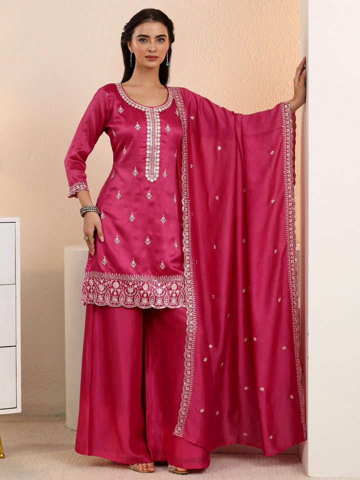 Libas Rani Pink Floral Embroidered Silk Blend Palazzo Suit Set