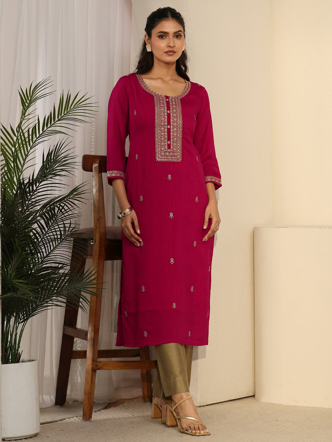 Libas Rani Pink Floral Embroidered Silk Blend Straight Kurta