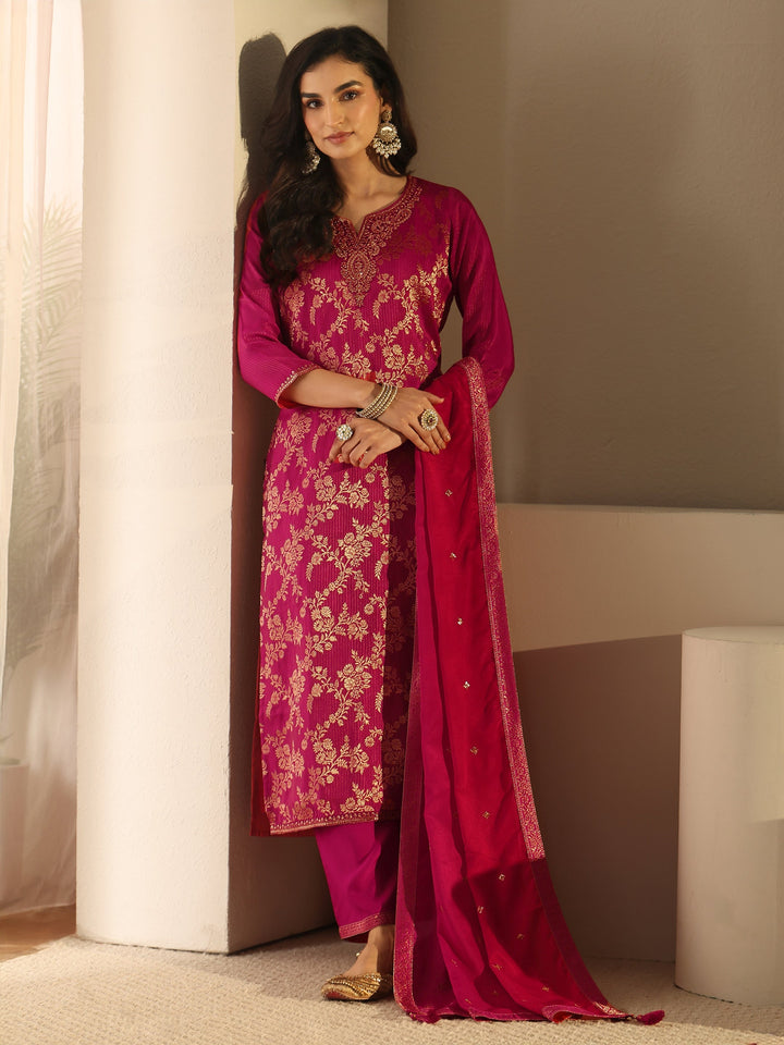 Libas Rani Pink Floral Embroidered Silk Blend Straight Suit Set