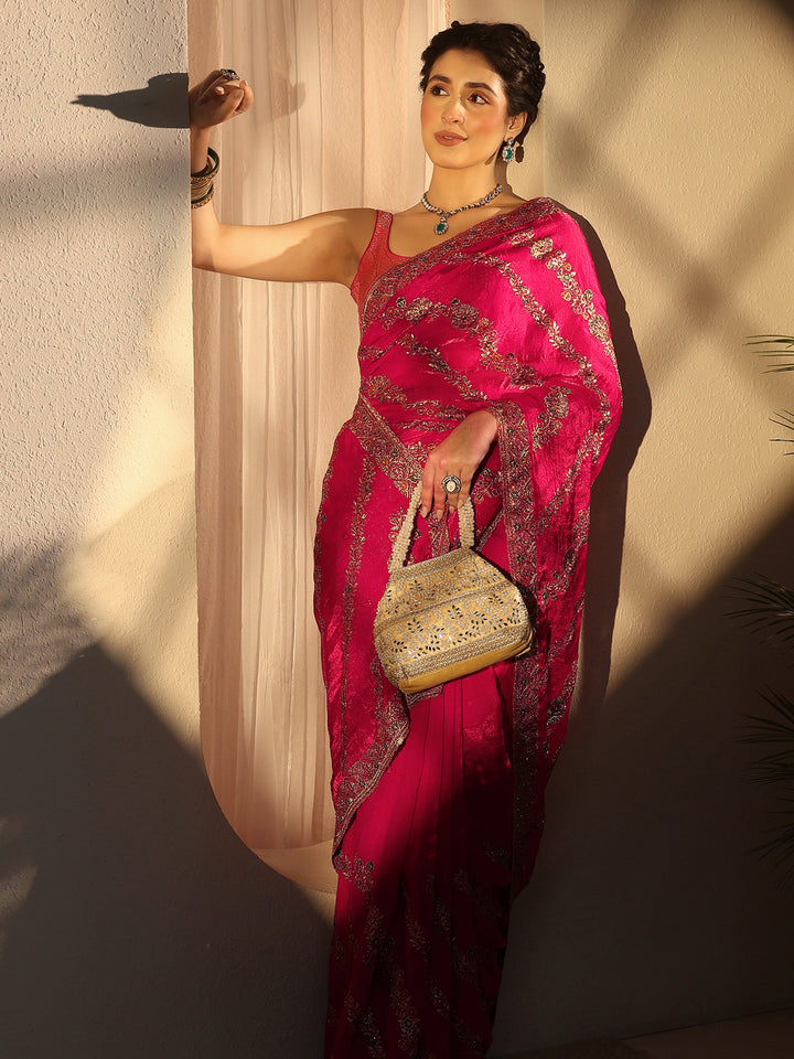 Libas Rani Pink Floral Embroidered Tissue Saree
