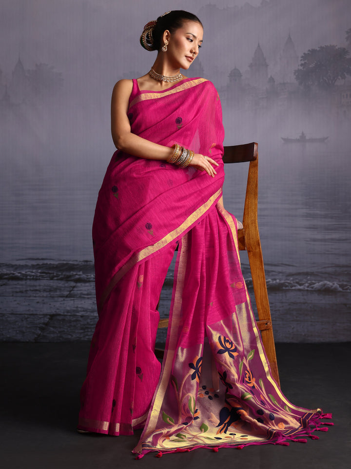 Libas Rani Pink Floral Woven Design Cotton Blend Saree