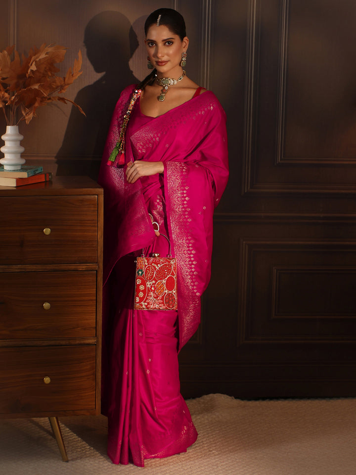 Libas Rani Pink Floral Woven Design Satin Saree