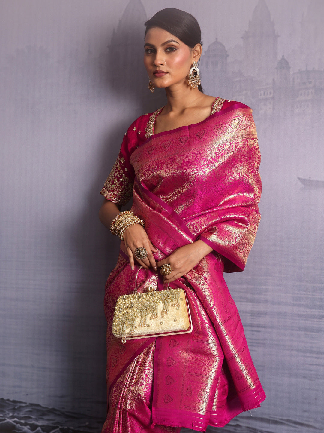 Libas Rani Pink Floral Woven Design Satin Saree