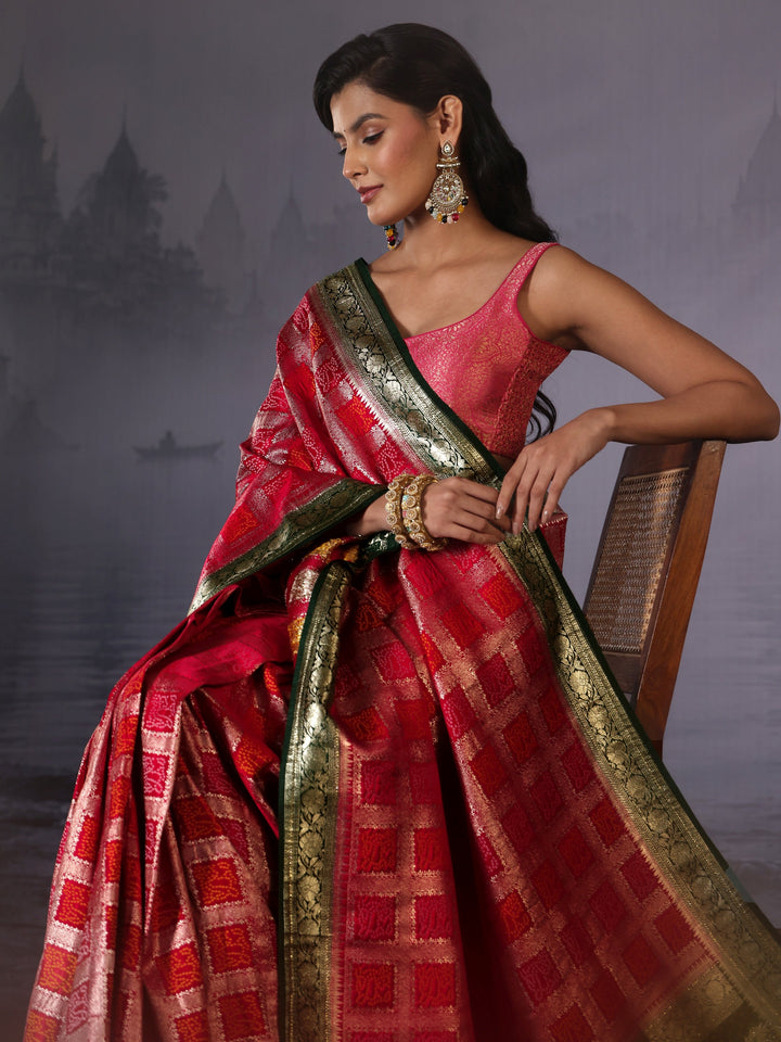 Libas Rani Pink Gharchola Silk Blend Saree with Paisley Weave Pallu