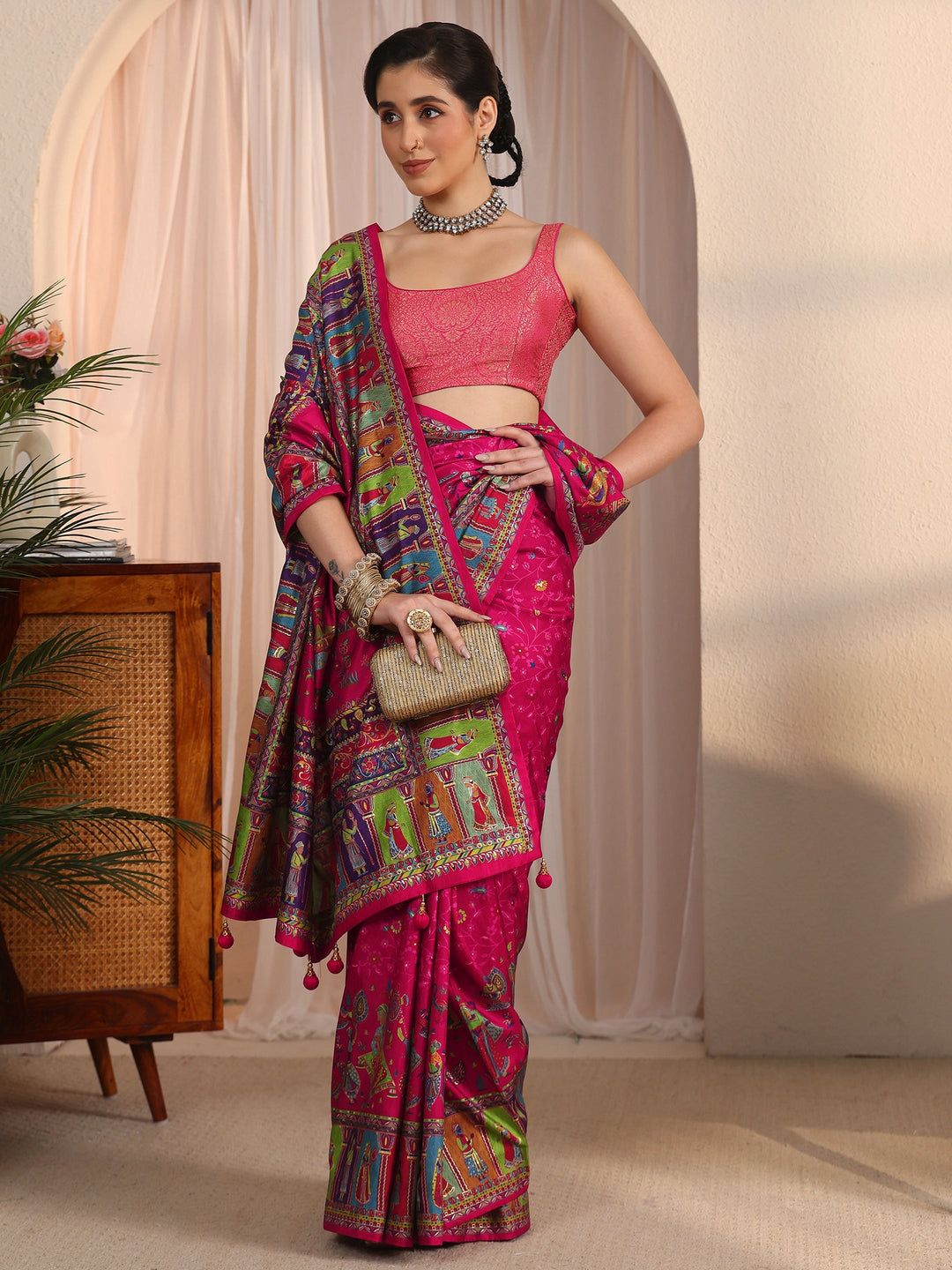 Libas Rani Pink Mughal Printed Silk Blend Saree