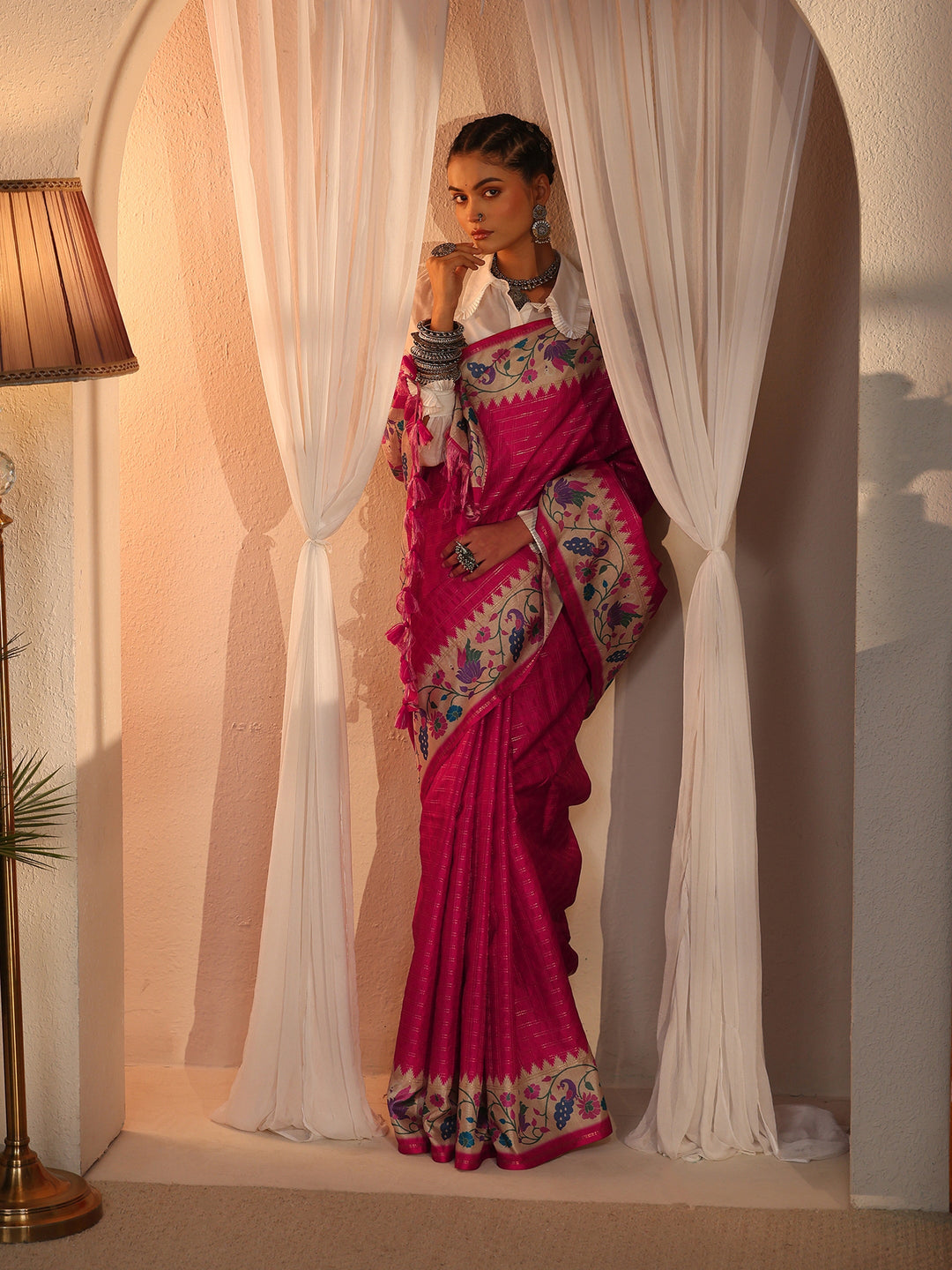 Libas Rani Pink Paithani Silk Blend Tassel Saree