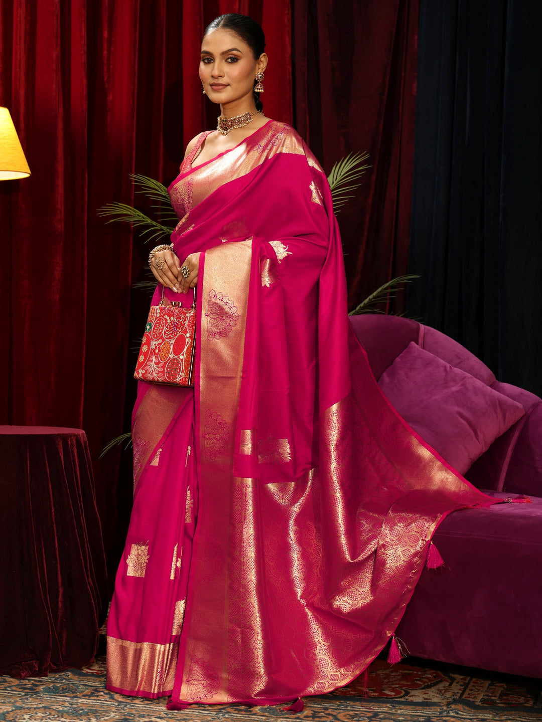 Libas Rani Pink Peacock Woven Design Silk Blend Saree
